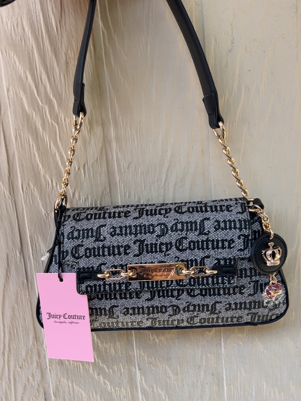 Juicy Couture Black and Silver Logo Chain-Handle Shoulder Bag